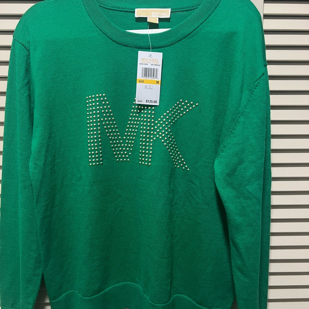 NWT Michael Kors Emerald Green Crew Neck Studded Logo Sweater